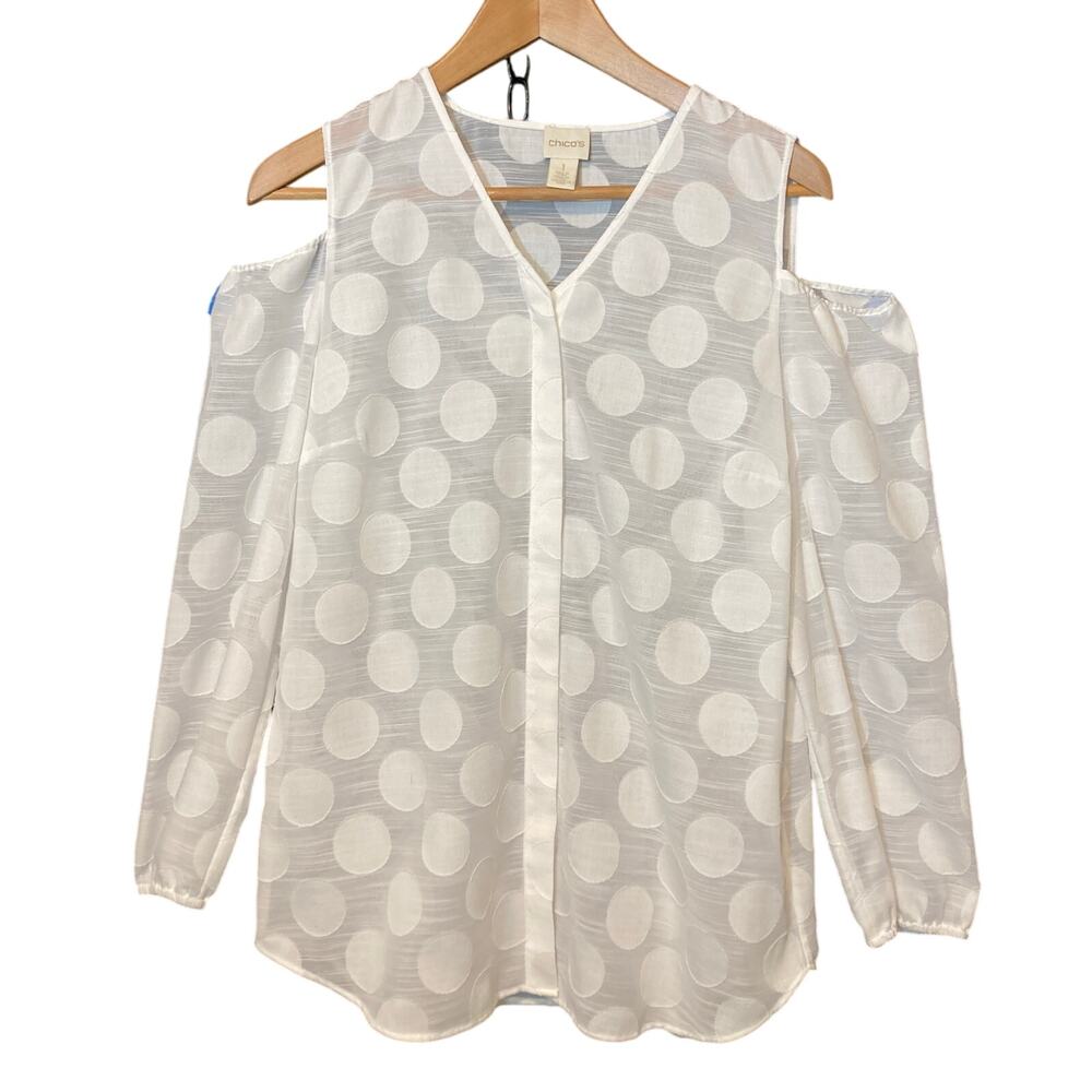 Chico’s Sheer White Polka Dot Button Cold Shoulder Long Sleeve V-Neck Blouse Top
